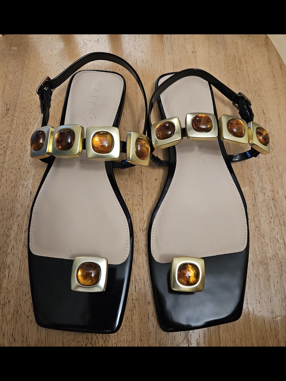 Katy Perry Black Square Toe Sandals Amber Gem Strappy Y2K Statement Size 11 New